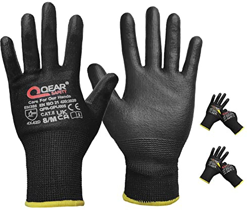 QEARSAFETY 2 Pairs Cut 5 Work Safety Gloves, Thin PU Palm Coated, Blade Cut, Sharp Edge Cut Risk Protect, Dexterity, Comfort, Grip (L)