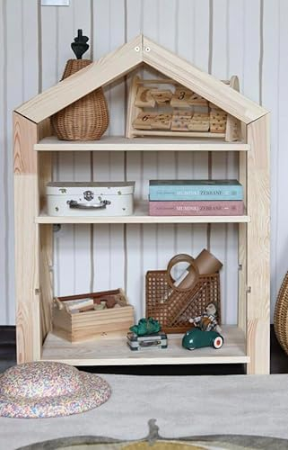 KidooCrafts Kinderbücherregal in Hausform aus Holz, Kinderregale mit 3 Regalen, kinderregal Montessori, kinderregal massivholz