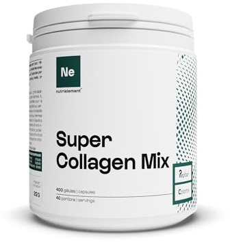 Nutrielement Super Collagen Mix (Type 1 et 2) 400 Gélules | Synergie collagènes hydrolysés - Flexibilité Os, Articulations et tendons - Beauté de la Peau, Cheveux, Ongles - Nutrimuscle