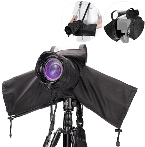 JJC Kamera-Regenschutz aus Nylon für Canon, Sony, Nikon Kamera und Objektive ≤ 230 mm Länge, Gurt und Stativ montierbar, Sichtfenster mit Reißverschluss, rutschfeste Objektivhüllen, Schwarz