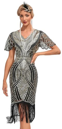 Viloree 1920s Kleid Damen Flapper Charleston Kleid Gatsby Pailletten Cocktail Abschlussballkleid Party Kostüm Kleid Schwarz & Gold (55) 2XL