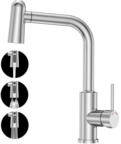 SREWOHS PRO Wasserhahn Küche Ausziehbar - Spültischarmatur Küche, Hochdruck Wasserhahn mit Brause Ausziehbar Armatur,1 Loch Armatur Küche 360° Drehung 3 Sprühfunktion,Flexible Küchenarmatur,Edelstahl