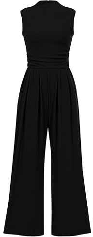 PRETTYGARDEN Womens Summer Jumpsuits Dressy Casual One Piece Outfits Sleeveless Mock Neck Wide Leg Pants Rompers with Pockets (Black,Small)