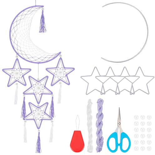 INFUNLY Mond- Und Stern-Traumfänger-Set Lila DIY-Mond-Traumfänger-Set Für Anfänger Basteln Sie Ihr Eigenes Traumfänger-Set Mit Anleitung Großer Lila Traumfänger Für Wandfenster-Hängeornamente