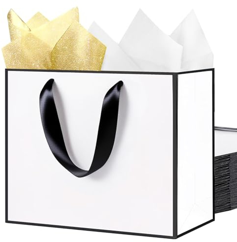 SHIPKEY 10er-Set Extra Große Weiße Geschenktüten mit 10 Seidenpapieren | Weiße und Schwarze Einkaufspapiertüten, 40x15x30cm / 16x6x12 Zoll Party-Geschenktüten mit Henkeln | Tüte für Geburtstage