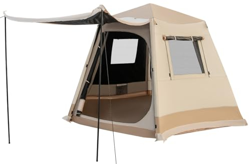 GYMAX Pop up Zelt für 4-6 Personen, großes Campingzelt mit wetterfestem Vordach & 2 Eingängen, Zelt mit Tragtasche, tragbarer Wurfzelt mit 4 Fenstern, Familienzelt für Reise & Camping