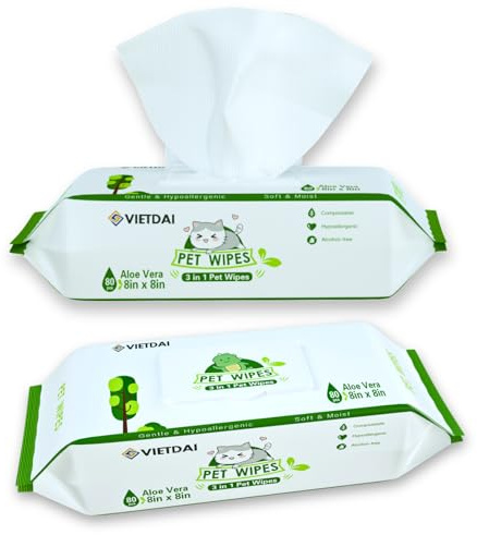 VIETDAI Toallitas Perro Higiene Patas, 160 Hojas Toallitas Gatos para Limpiadoras Perros Ojos Orejas Cuerpo y Pelo, Toallitas Mascotas con Aloe Vera y Vitamina E - Sin Perfume