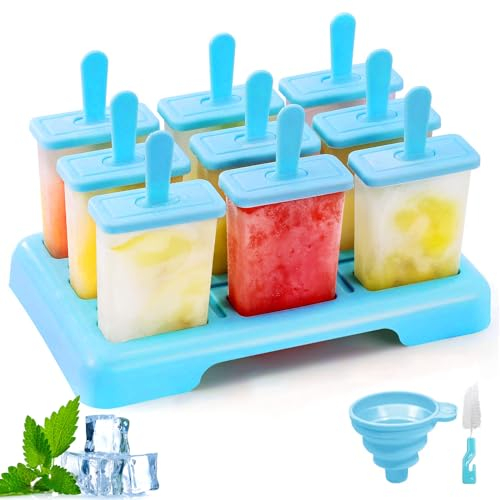 9 Stampi per Ghiaccioli, Senza BPA, con Spazzola per la Pulizia e Imbuto Pieghevole, Stampi per Gelati Riutilizzabili per Deliziosi Ghiaccioli (Blu)