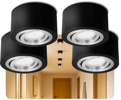 SSC-LUXon LANTI Aufbauspot 4 Stück schwarz schwenkbar | Vier flache Aufbaustrahler schwarz mit Silberring - schwenkbar, für Küche, Flur & Wohnzimmer, für LED-Modul (ohne Lampe)