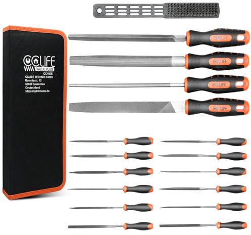 CCLIFE Feilenset 17tlg Profi Werkstattfeilen Set enthält 4tlg Große Metallfeilen, 12tlg Klein Nadelfeilen mit Reinigungsbürste und Aufbewahrungstasche