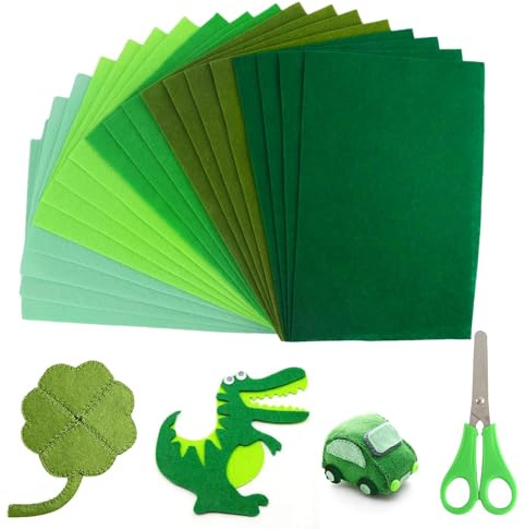 XIEJ 45 Stück Filz Grün, 1mm Dickes Polyester Bastelfilz, 20 x 30cm Filzstoff, Weicher Filz zum Basteln mit 1 Schere für DIY Handarbeit und Nähprojekte (Grüne Serie)