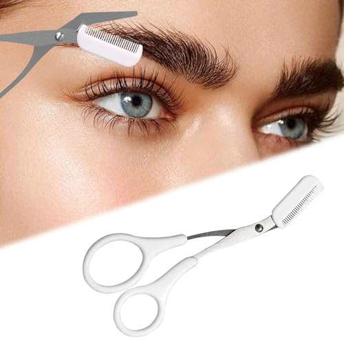 Forbici per sopracciglia in acciaio inox, forbici da taglio per sopracciglia con pettine rimovibile, strumento per modellare, trucco, accessori di bellezza per donne e uomini (bianco)