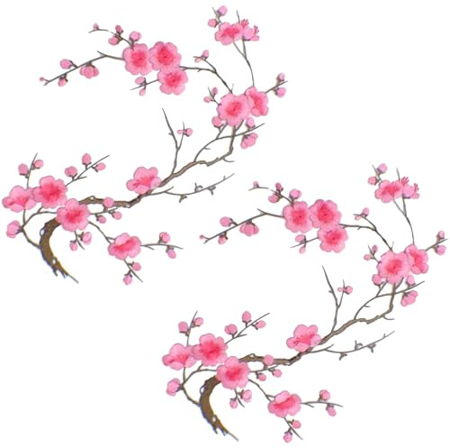 2 PCS Plum Flower Embroidery Patches Large Blossom Iron on Applique Jeans Patches Sew on Flower Embroidery Fabric Clothing Patches for Hats Jeans Clothes Bags Shoes DIY Crafts Sewing Repair Decoration