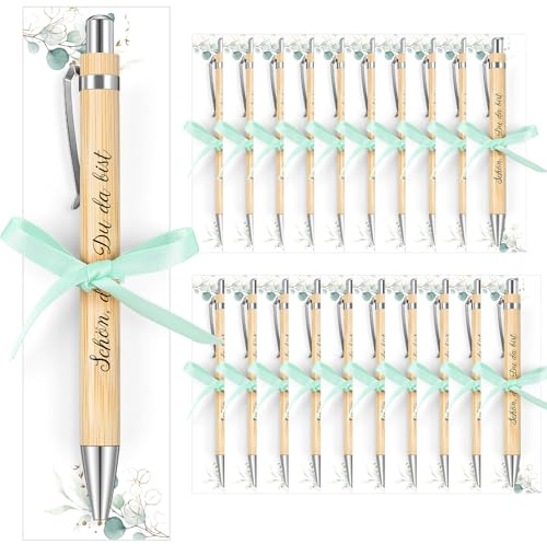 Tenare 20 Set Schön Das du da Bist Gastgeschenk Hochzeit Holz Kugelschreiber Druckkugelschreiber mit Spruch Karte Grasgrünes Band Dankeschön Gastgeschenke Taufe Geburtstag (Klassiker)
