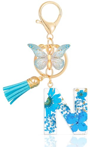MWOOT Letter Keychain Initiale Schlüsselanhänger Buchstabe N,Alphabet Harz Blume Key Chain mit Schmetterling Quaste Anhänger Handtasche Geldbörse Charm,Blau Blütenblatt Keyring für Frauen (N)