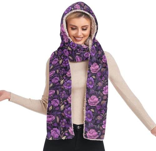 GAIREG Kapuzenschal, Schal, Mützen für Damen, warmer Kapuzenschal für Damen, Dunkelviolettes Blumenmuster, Einheitsgröße