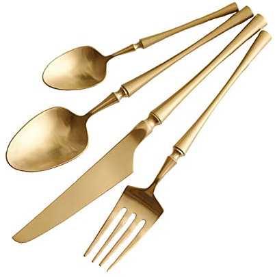 KHYTEBV Goldenes, Mattes Geschirr-Silberbesteck-Set mit Löffel und Gabel, wiederverwendbares Besteck-Set aus Edelstahl 18/10, spülmaschinenfestes Besteck, hervorragendes