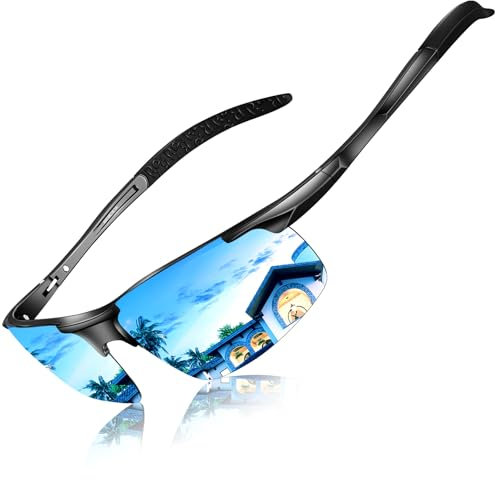 DADA-PRO Sonnenbrille Herren Polarisiert Fahrradbrille Sportbrille Verspiegelt Fahrerbrille mit Metallrahmen Ultraleichte UV400 Schutz 8177 (Blau Linse Verspiegelt)