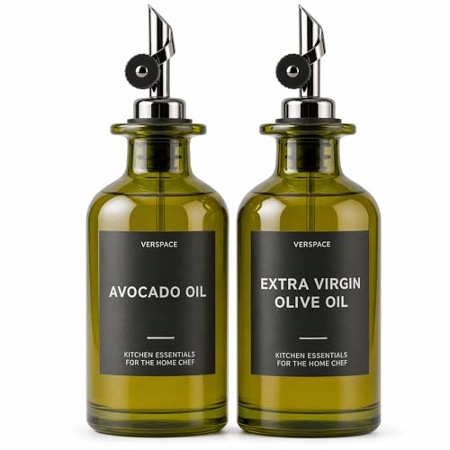Verspace UV-Protected Green Glass Olive Oil Dispenser Bottles For Kitchen - 2 Pack - 12oz Includes 40 Kitchen Essential Labels, Avocado Oil Dispenser Set, Modern Decor for Home, Airbnb, Cafe