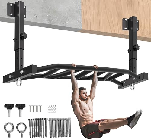 HWOOUSA 48 Joist Mounted Pull Up Bar, 600LBS Heavy Duty Multi Grip Ceiling Mount Chin Up Bar, Ceiling Beam for Home Gym/Garage/Basement with 5-Height Adjustable& Round Anchors, Easy to Install