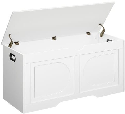 MAHANCRIS Storage Chest, 39.4” Toy Box, Entryway Storage Trunk, Shoe Bench with Storage, Engineered Wood Storage Cabinet with 2 Safety Hinges, Entrance Bench for Living Room, White SCWT2001