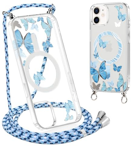 Xylota Magnétique Coque avec Cordon pour iPhone 11 6,1'' Compatible avec MagSafe, Transparent Aesthetic Motif Design Etui avec Collier, Portable Lanyard Housse Cover pour iPhone 11, Butterfly 01