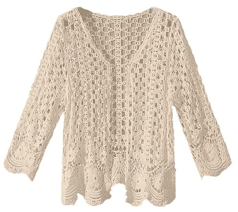 Cardigan Grandes Tailles Crochet Tricot Fleurs Couverture Avant Ouvert Vague Mesh Manteau de Plage Tunique Manches Longues, beige, taille unique