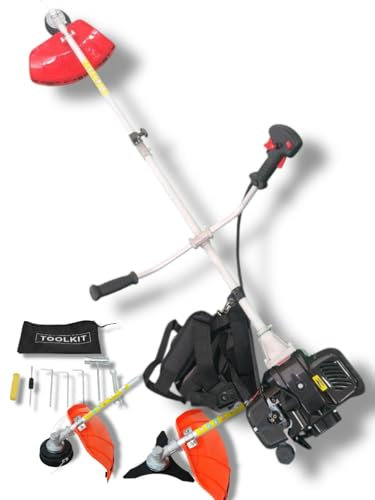 BRACOG Desbrozadora a Gasolina, 43cc, 2 en 1, Cabezal de Nylon (2 Puntas) y Disco de Acero, con Arnés y Kit de Herramientas, Rojo y Negro.