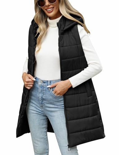 RITOSTA Women's Gilets Long Puffer Coats Sleeveless Ladies Jackets Longline Winter Hooded Quilted Gilet Plus Size Zip up Outwear Down Body Warmer Padded Vest with Pockets(Black,S)