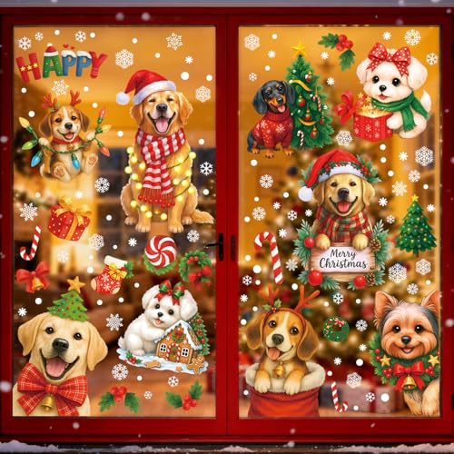 DPKOW Adesivi Natalizi per Finestre Adesivi di Cani Vetrofanie Natalizie per Vetrine Finestre, Articoli Addobbi Natalizi per la Casa Decorazioni Natalizie di Cani, Riutilizzabili in PVC