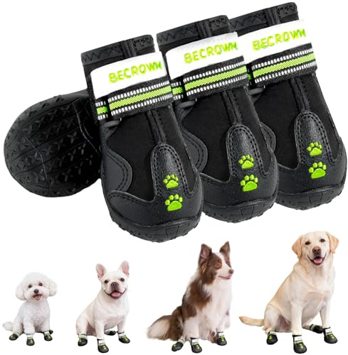 BECROWM wasserdichte Hundefüße - rutschfeste Hundeschuhe mit Pfotenstickerei & Reflektorenriemen, für Regen-/Schnee-/Schlammtage, Outdoor-Spaziergänge(Schwarz, #8 (Breite 8cm) für 35-40kg)