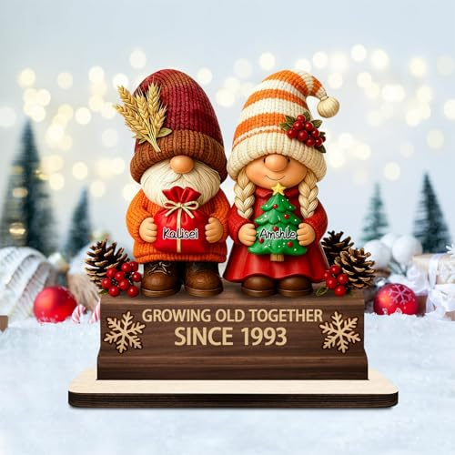 Personalized Growing Old Together Gnome Plaque, Custom Name Gnome Couple Figurines Desk Ornament, Older Couple Wood Standing Sign, Anniversary Wedding Gift for Couples Grandparent Husband Wife Parents