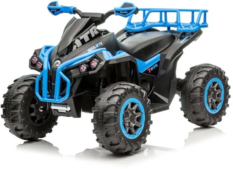 12V Quad eléctrico para niños, coche eléctrico para niños ATV con música, bocina, faro LED, 95 x 62 x 62 cm, para niños niñas macho hembra 3-8 años azul mando a distancia
