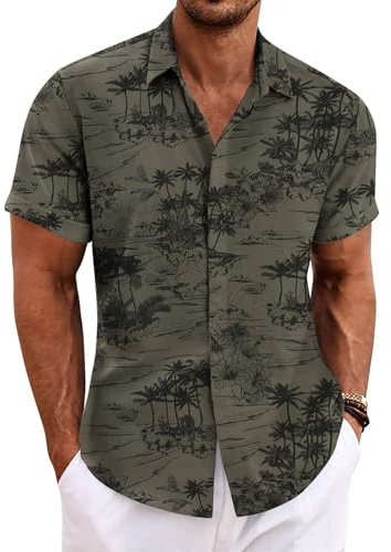 COOFANDY Camisas hawaianas para hombre, de manga corta, para verano, floral, para vacaciones, estilo casual, Estampado verde oscuro, M
