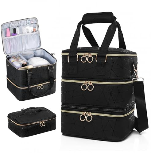 SDLDEER Nail Polish Organizer Case with 3 Layers 84 Bottles, Nail Polish Storage for Nail Tech Nail Lamp DIY Kits Supplies Carrying Case (Black)
