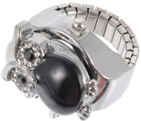 ifundom Vintage Fingerringuhr mit Eulen Design Verstellbar Schwarzes Flip Up Cover Kleine Praktische Ringuhr für Damen und Herren