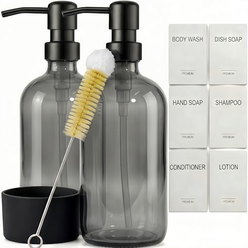 Dispensador de jabón con bomba de acero inoxidable, dispensadores de jabón de vidrio marrón de 500 ml, dispensador de jabón de manos y platos para cocina y baño, botella de vidrio ámbar recargable con