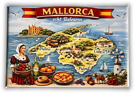 Mallorca 030126 - Imán para nevera – Recuerdo – mapa de islas con detalles destacados – Islas Baleares – Imágenes destacados de Mallorca