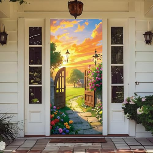 Treer Decorazione per Porta Ingresso con Elastico, Copertura per Porta Decorazione Elastica Esterna Interna Striscione da Appendere Coperto per Tutto L'Anno, Casa Festa (90x210cm,Cortile)