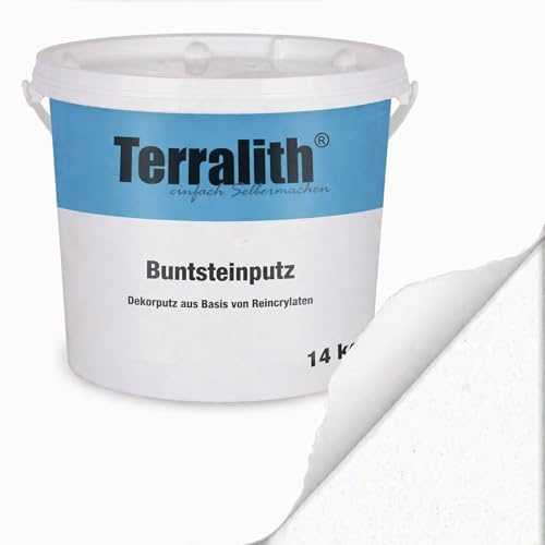 Terralith Buntsteinputz 14kg in weiß, Sockelputz für Innen und Außen mit Reinacrylat Bindemittel aus Naturstein, 1-2mm Körnung (BSP1033)