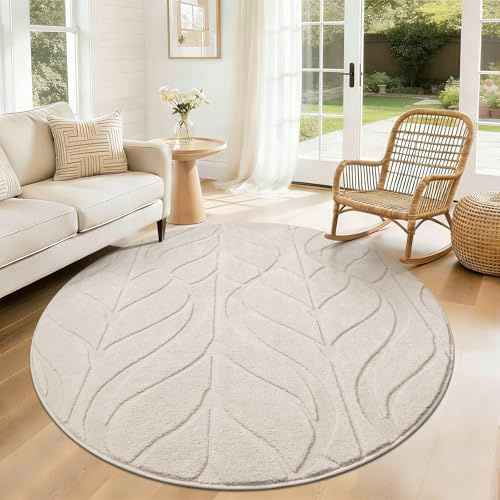 SHACOS Beige Teppich Rund 160 cm, Runder Teppich Wohnzimmer Waschbar Weich | Moderner Runder Wohnzimmerteppich Kurzflor Flauschig, Runde Teppiche für Schlafzimmer, Flur, Kinderzimmer