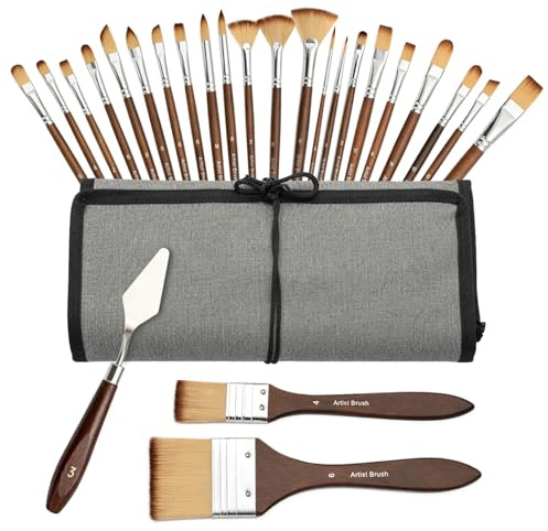 M.J COMFY-LIFE 25PCS Acrylic Paint Brush Set with Nylon Bristles, includes Canvas Roll Case, Palette Knife, Professional Paint Brush with Shaped Flat Filbert Round Fan Angle Brushes for Acrylic Oil