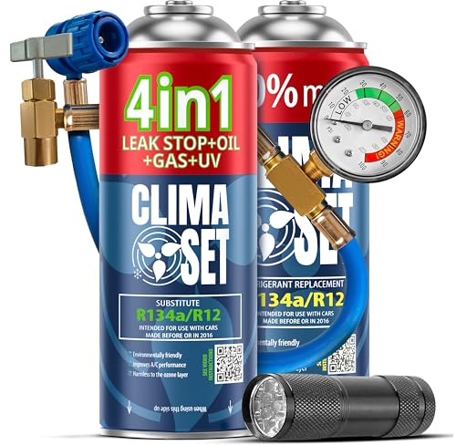 CLIMASET - 4-I-1 Luftkonditioneringspåfyllningsgas R134a, Olja, Läckagetätningsmedel Med UV-Färgämne & R134a-Gas & Slang & UV-Ficklampa - AC-Gaspåfyllnings- och Läckagedetekteringssats