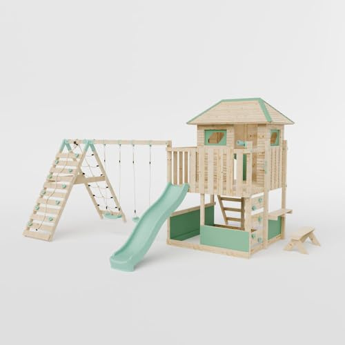 Waltons Wooden Outdoor Kids LittleSummit Large Tower Playhouse with Double Swing & Climbing Wall & Toddler-Friendly Features | Pressure-Treated Timber Garden Playset for Children | Handmade in the UK