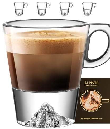4X Espressotassen Set mit henkel mit 3D Matterhorn aus Borosilikatglas | Vier handgefertigte 60-ml-Espressogläser mit Henkel und 3D-Matterhorn, geliefert in einer Geschenkbox.