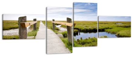 Leinwandbild Salzwiesen LW229 Wandbild, Bild auf Leinwand, 4 Teile, 200x90cm, Kunstdruck Canvas, XXL Bilder, Keilrahmenbild, fertig aufgespannt, Bild, Holzrahmen, Nordsee, Marschland, Wiese,