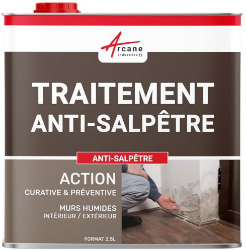Traitement du Salpêtre, Antisalpêtre Murs Humides 2.5 L (jusqu'à 10 m²) | Bloque le Salpêtre, Assainit et Durcit le Plâtre, Imperméabilise Murs, Béton et Pierre - Arcane Industries