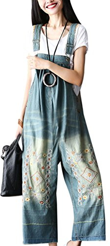 Youlee Women's Summer Wide Leg Pants Denim Dungarees Jumpsuit Pants Style 1 Blue