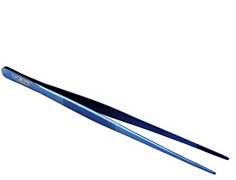O'Creme 10 Inch Blue Precision Stainless Steel Kitchen Tweezer Tongs with Serrated Tips for Gripping