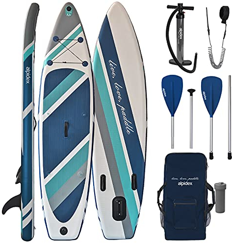 ALPIDEX Stand Up Paddle Set SUP 320 x 76 x 15 cm max. belastbar bis 200 kg Aufblasbar Stabil Leicht Komplett Set Tragetasche Paddel Finnen Luftpumpe Leash Repair Kit, Farbe:Cloud